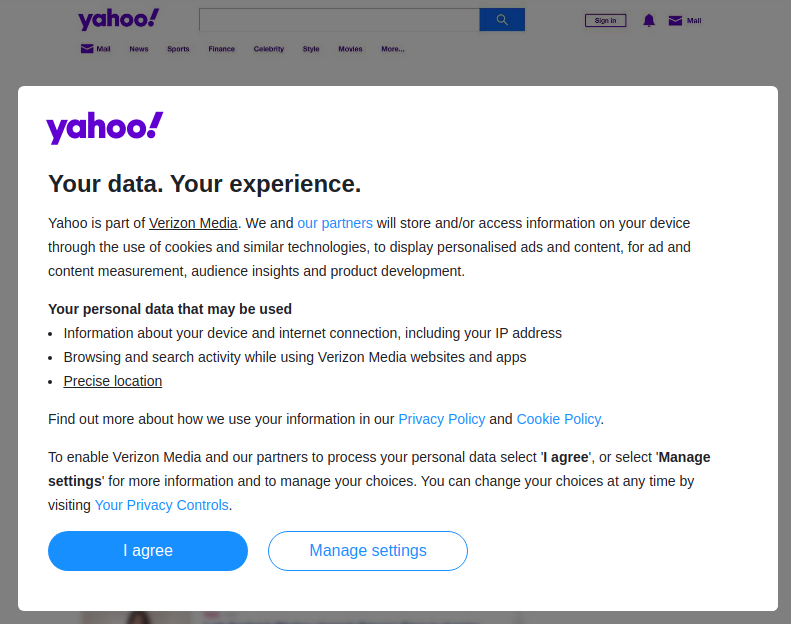 Hide the Yahoo privacy popup